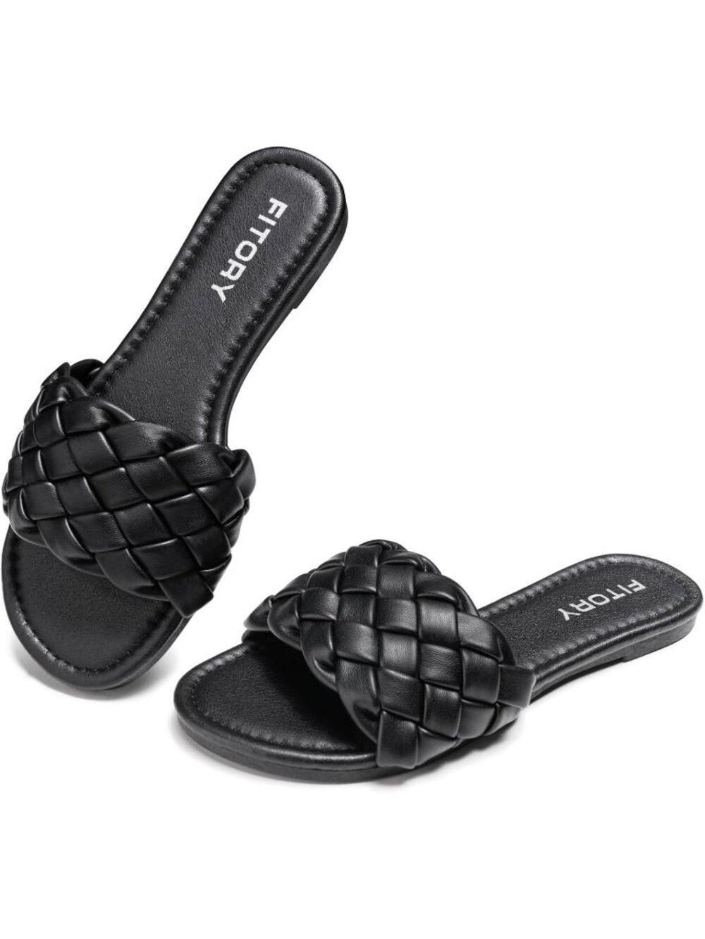 🆕Women's All Black Flat Sandals Fashion Round Open Toe Slip On Slides Casual